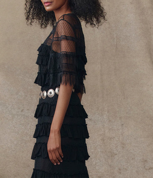 The Winter Lace Flounce Top - Black